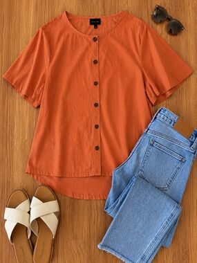 Who What Wear Large Rust Orange 100% Cotton Button Front Flutter Sleeve Shirt